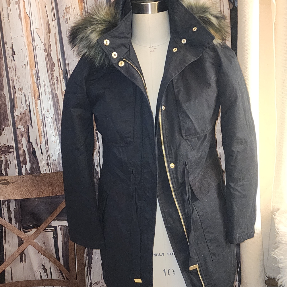 French Connection Black Women's Ski Jacket with Fur Trim